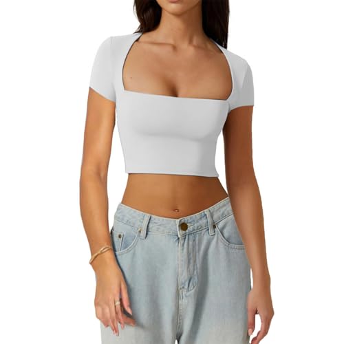 ThreeH Ultra Kurz Entblößte Taille Damen Oberteile Kurzarm Quadratischer Hals Solide Farbe Schlank Lässig Weiß M von ThreeH