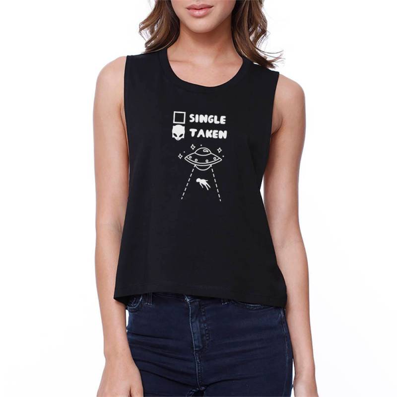 Humor | Single Taken Alien Schwarz Ärmellos Niedlich Lustig Croptop | Jcr118Bk von ThreeSixFiveDesign