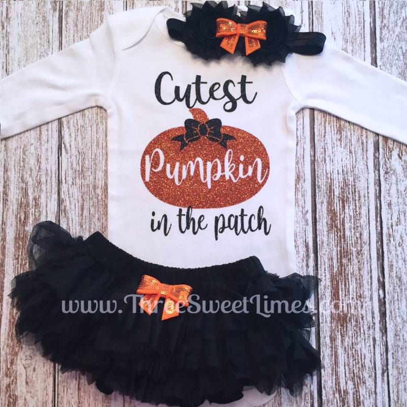 Baby Mädchen Halloween Herbst Outfit Süßer Kürbis Im Flicken | Opt Beinstulpen Stirnband Tutu Bloomers Orange Schwarz Chevron Glitter von ThreeSweetLimes