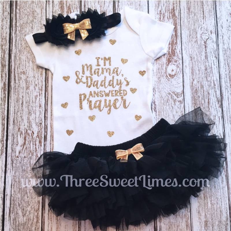 Baby-Mädchen-Kleidung | Ich Bin Mama Und Papas Beantwortetes Gebet Adoption Day Outfit |Opt Stirnband Beinwärmer Baby-Dusche-Geschenk Take Home Set von ThreeSweetLimes