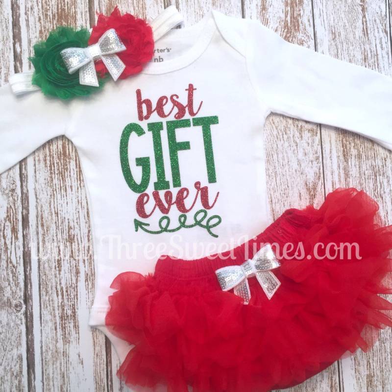 Baby Mädchen Weihnachts Outfit | Bestes Geschenk Aller Zeiten Babys Erstes Weihnachten Optional Beinstulpen Und Stirnband Rot Grüne Beinwärmer von ThreeSweetLimes