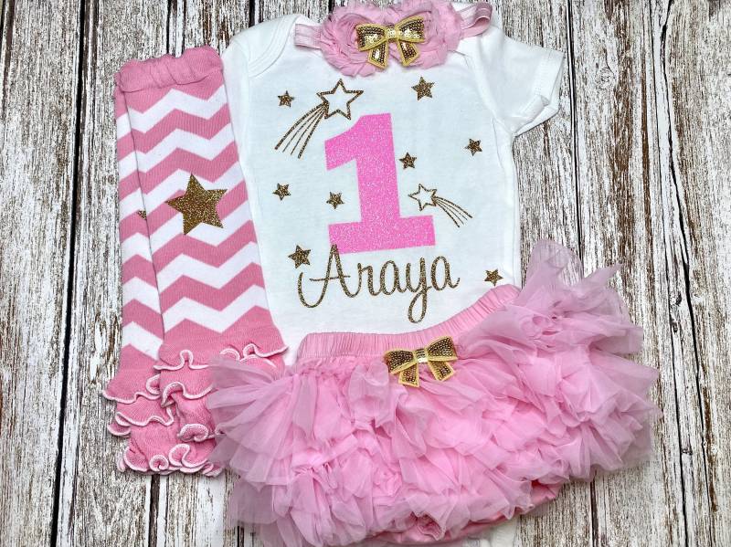 Erster Geburtstag-Baby-Mädchen Outfit | Sterne-Geburtstags-Party Tütü Bloomer Rosa Gold Glitter Stirnbandwärmer Funkeln Der Kleine Stern S11 von ThreeSweetLimes