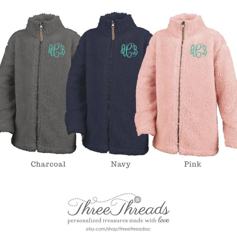 Monogrammiert Charles River Jugend Sherpa Voller Zip Jacke, Marine Grau Graue Jacke von ThreeThreadsSC