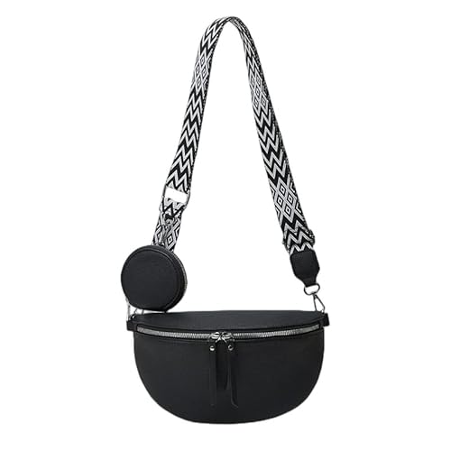 Threegoat Bauchtasche Damen Stylisch Brusttasche Crossbody Bag Damen Breiter Gurt Veganes Leder, Damen Handtasche Damen UmhäNgetasche Moderne Taschen, Schultertaschen Set 2-Teilig (A-Schwarz) von Threegoat