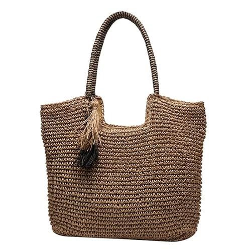 Threegoat Stroh Handtasche Geflochten-Handtasche Damen, Sommer Strandtasche Stroh Groß mit Reißverschluss, Boho Bag Strohtasche Korbtasche Geflochten Basttaschen mit Quasten von Threegoat