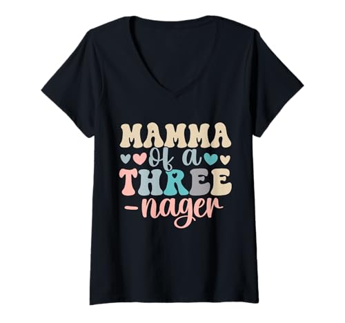 Damen Mamma of A Threenager 3. Geburtstag Matching Family Boho T-Shirt mit V-Ausschnitt von Threenager 3rd Birthday Matching Family Tee