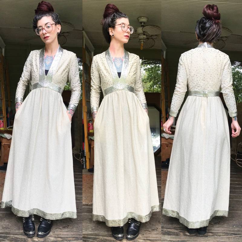 Vintage Couture 50's Maxikleid Silber Pailletten Taschen Selten Ecru Xs Vintage Couture 50's Maxikleid Silber Pailletten Taschen Selten Ecru Xs von ThriftShark