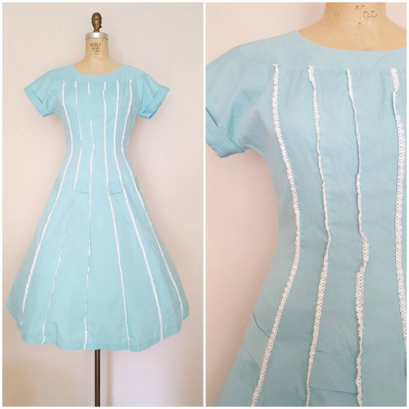 Vintage 1950Er Jahre Kleid/Aqua Blau Baumwolle Rüschen Spitze Trim Kleine von ThriftyVintageKitten