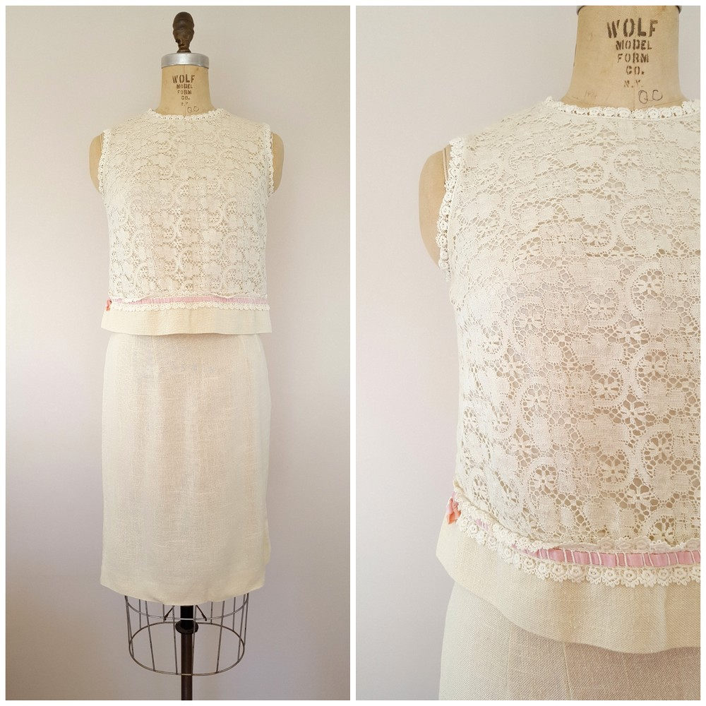 Vintage 1960Er Jahre Elfenbein Spitze Bluse Und Rock Set/Leinen Kleine Medium von ThriftyVintageKitten