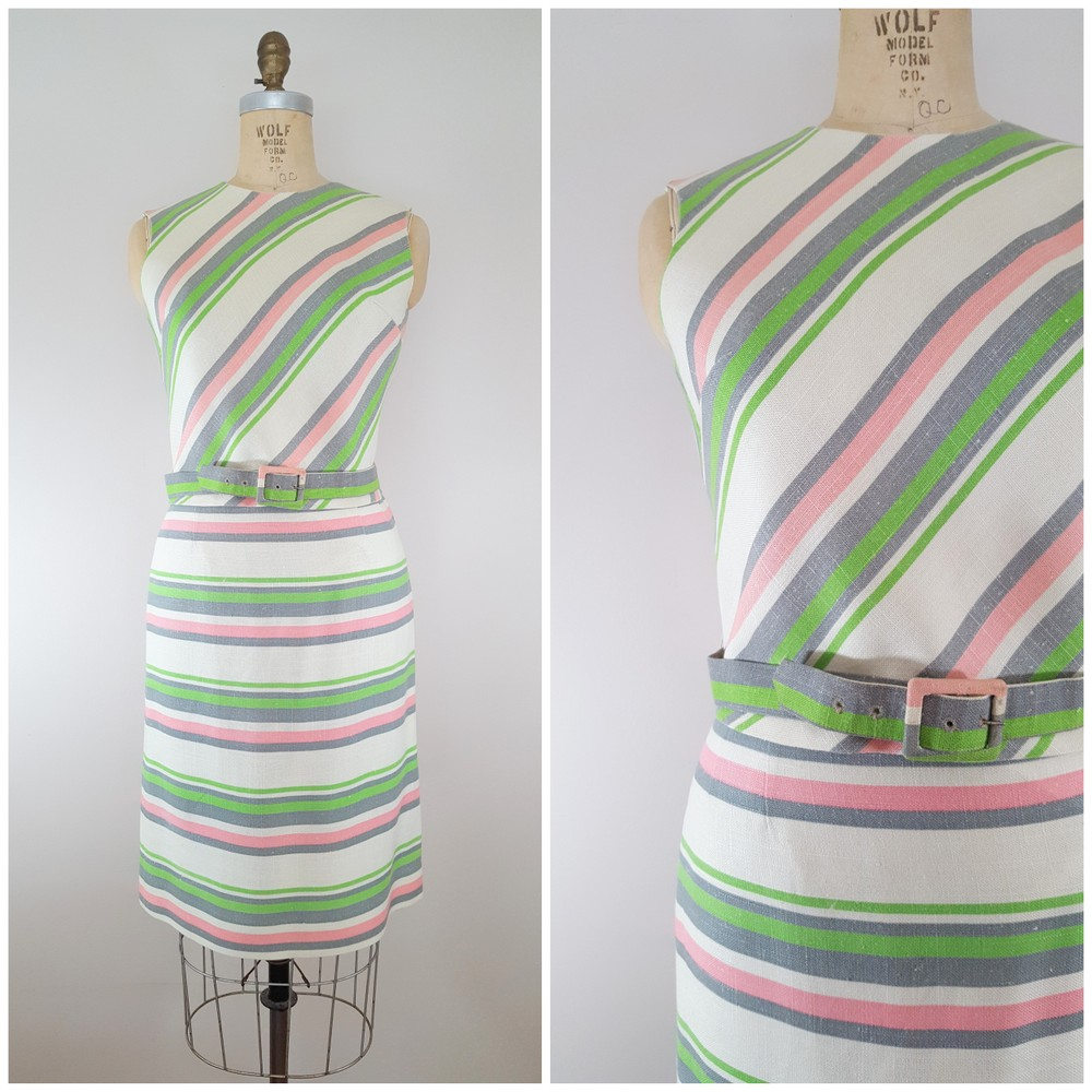 Vintage 1960Er Jahre Gestreift Leinen Rock Set/Zwei Stück Sommer Kleine Medium von ThriftyVintageKitten