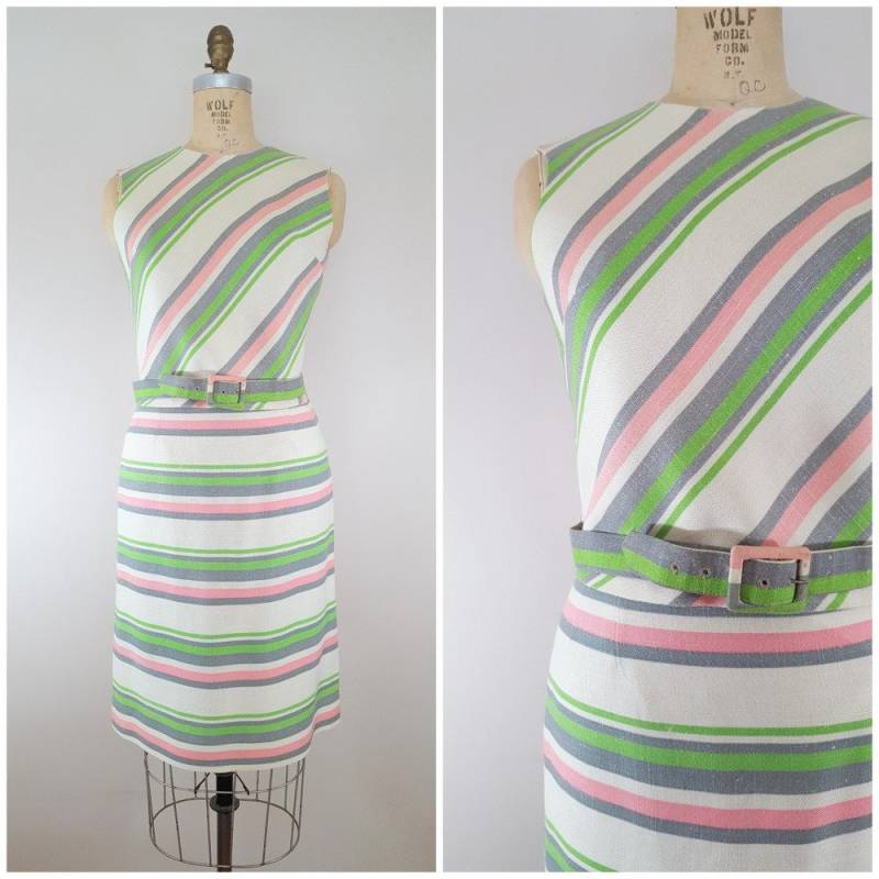 Vintage 1960Er Jahre Gestreift Leinen Rock Set/Zwei Stück Sommer Kleine Medium von ThriftyVintageKitten