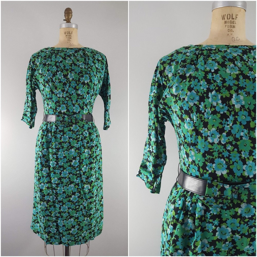 Vintage 1960Er Jahre Grün Floral Kleid/60Er Angepasst Medium von ThriftyVintageKitten