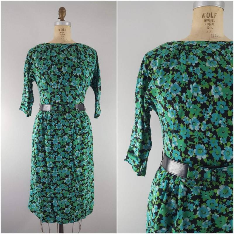 Vintage 1960Er Jahre Grün Floral Kleid/60Er Angepasst Medium von ThriftyVintageKitten