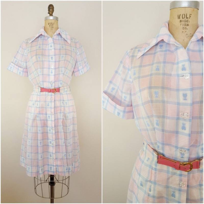 Vintage 1960Er Jahre Kleid/1950Er Tag Pastell Karierten Palmen Medium von ThriftyVintageKitten