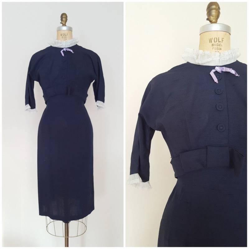 Vintage 1960Er Jahre Kleid/Marine Blau Wiggle Hohen Hals Xs von ThriftyVintageKitten