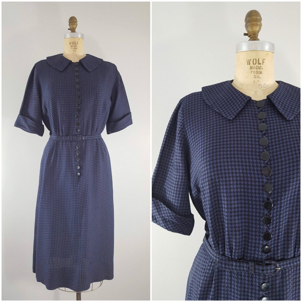 Vintage 1960Er Jahre Nelly Don Kleid/Blau Und Schwarz Houndstooth Medium von ThriftyVintageKitten