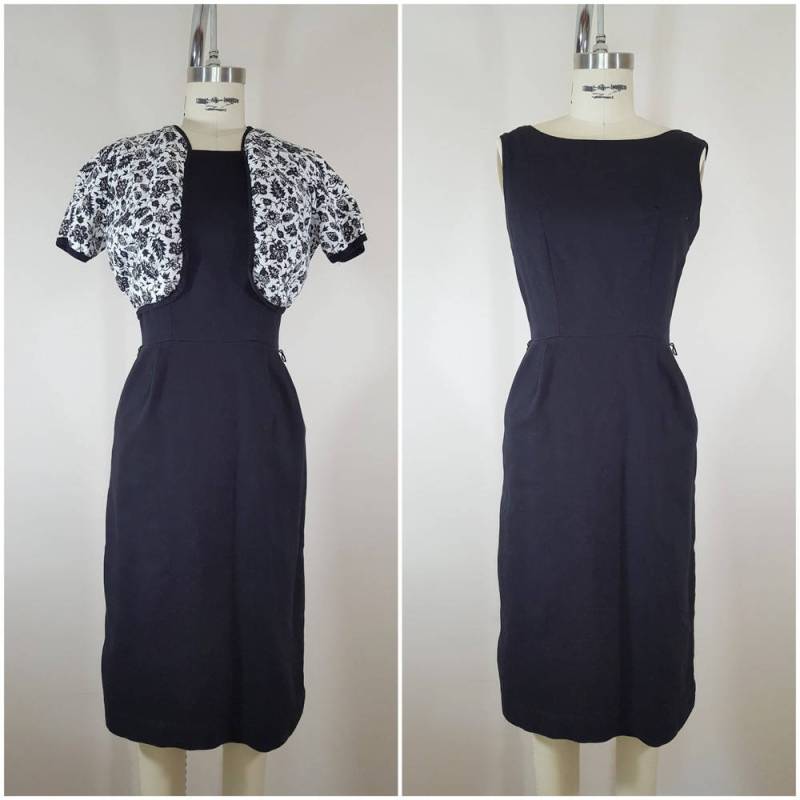 Vintage 1960Er Jahre Schwarz Kleid Und Jacke/Angepasst Wiggle Xs von ThriftyVintageKitten