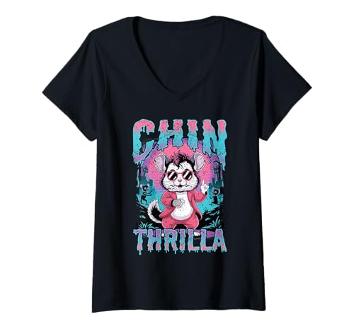 Damen Chin Thrilla Retro Zombie Chinchilla Pop Musik Parodie T-Shirt mit V-Ausschnitt Damen Chin Thrilla Retro Zombie Chinchilla Pop Musik Parodie T-Shirt mit V-Ausschnitt von ThrillChin