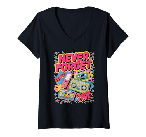 Damen Never Forget Retro Boombox Kassette Phone Party Vibes T-Shirt mit V-Ausschnitt Damen Never Forget Retro Boombox Kassette Phone Party Vibes T-Shirt mit V-Ausschnitt von Throwback Vibes Studio