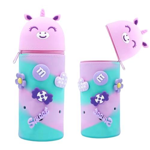 2-in-1 Silikon Federmäppchen, Federtasche aus weichem Silikon, Kawaii Federmäppchen, für Stifte, Unisex Kapazität Mäppchen, Make-up-Pinsel, Niedliche Schule Geschenke für Kinder, Lila Einhorn von Thryviel