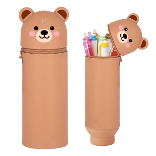 Thryviel 2-in-1 Silikon Federmäppchen, ​Kawaii 2-in-1 Schulmäppchen aus Weichem Silikon​ mit Großer Kapazität – Tier Stifthalter als Geschenk für Kinder | Kawaii Federtasche für Stifte, Braunbär von Thryviel