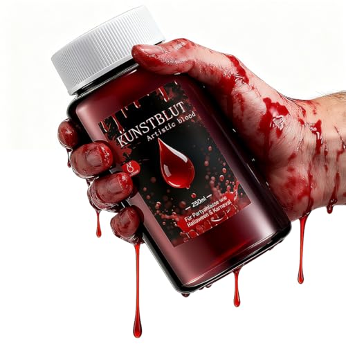 Halloween Kunstblut Auswaschbar, 250ml Fake Blut | Realistische Wunden & Effekte | Sicher für Haut & Kleidung, Professionelle Schminke für Zombie & Vampir Make Up (250ML) von Thryviel
