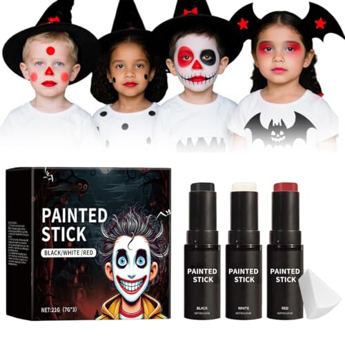Gesicht Körper Farbe Stick - Halloween Schminke Set in Schwarz Weiß Rot | Cremig & Hautfreundlich, Leicht Entfernbar | Bodypainting Farben für Kinder, Theaterschminke, Zombies, Vampire, Cosplay von Thryviel