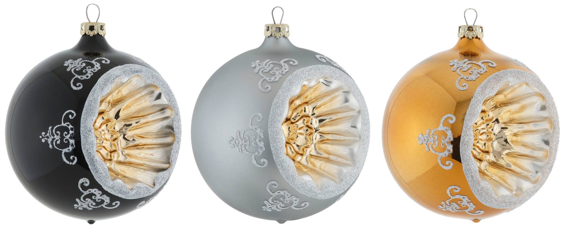 Thüringer Glasdesign Weihnachtsbaumkugel "Black&White&Gold, Weihnachtsdeko, Christbaumschmuck", (Set, 3 St.) von Thüringer Glasdesign