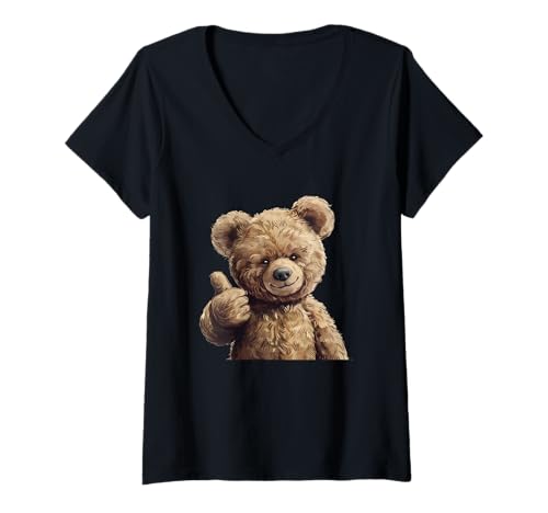 Damen Cooler Teddybär mit Daumen T-Shirt mit V-Ausschnitt von Thumbs up teddy bear