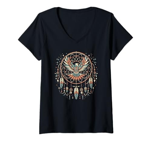 Damen Thunderbird Indianer-Traumfänger, minimalistische Kunst T-Shirt mit V-Ausschnitt Damen Thunderbird Indianer-Traumfänger, minimalistische Kunst T-Shirt mit V-Ausschnitt von Thunderbird Native American Tribal Kids Matching