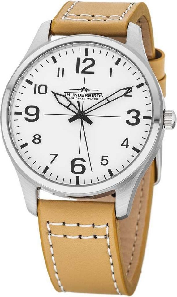 Thunderbirds Quarzuhr Fliegeruhr TB5000-01 – 40 mm Edelstahlgehäuse, weißes Zifferblatt, beiges Lederband, sportliche Herrenuhr Thunderbirds Quarzuhr Fliegeruhr TB5000-01 – 40 mm Edelstahlgehäuse, weißes Zifferblatt, beiges Lederband, sportliche Herrenuhr von Thunderbirds