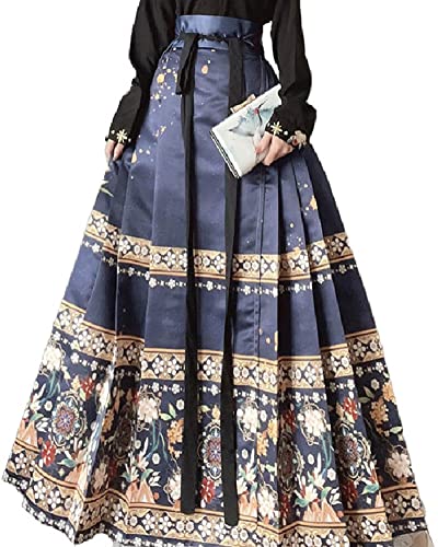 ThusFar Chinesische Röcke für Damen, Pferdegesicht, Rock, linke Krawatte, Floal-Print, elegant, Vintage, langer Swing-Maxi-Faltenrock, Blau, Mittel von ThusFar