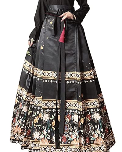 ThusFar Chinesische Röcke für Damen, Pferdegesicht, Rock, linke Krawatte, Floal-Print, elegant, Vintage, langer Swing-Maxi-Faltenrock, Schwarz, Groß von ThusFar