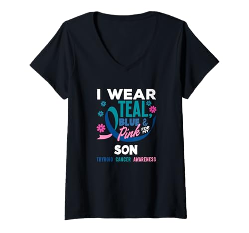 Damen Ich trage Blaugrün, Blau und Rosa, damit Mein Sohn auf Schilddrüsenkrebs aufmerksam Wird T-Shirt mit V-Ausschnitt von Thyroid Cancer Awareness Apparel, Gifts, Gift Idea