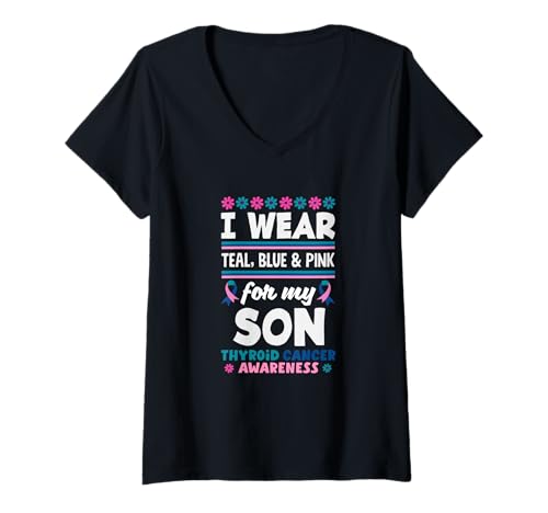 Damen Ich trage Blaugrün, Blau und Rosa, damit Mein Sohn auf Schilddrüsenkrebs aufmerksam Wird T-Shirt mit V-Ausschnitt von Thyroid Cancer Awareness Apparel, Gifts, Gift Idea