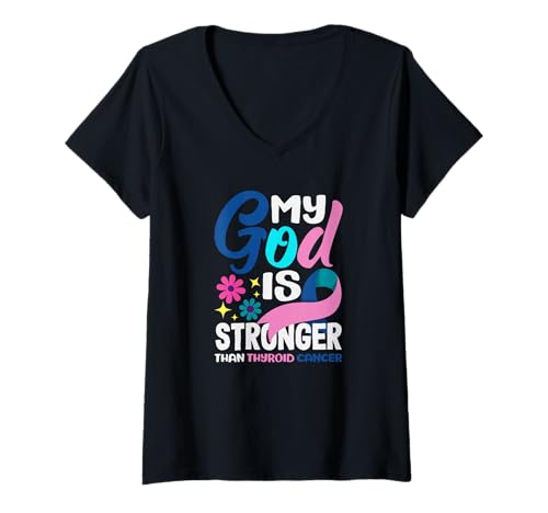 Damen My God is Stronger Thyroid Cancer T-Shirt mit V-Ausschnitt von Thyroid Cancer Awareness Apparel, Gifts, Gift Idea