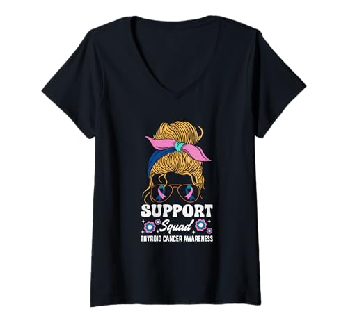 Damen Support Squad Schilddrüsenkrebs T-Shirt mit V-Ausschnitt von Thyroid Cancer Awareness Apparel, Gifts, Gift Idea