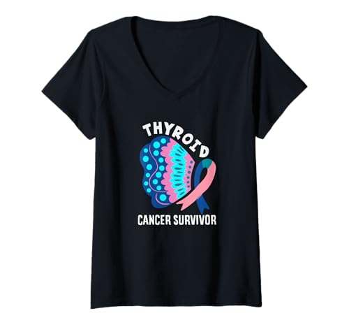 Damen Überlebender von Schilddrüsenkrebs T-Shirt mit V-Ausschnitt von Thyroid Cancer Awareness Apparel, Gifts, Gift Idea