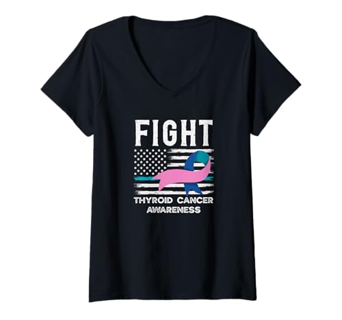 Damen US-Flagge Amerikanische Flagge Kampf Schilddrüsenkrebs Bewusstsein T-Shirt mit V-Ausschnitt von Thyroid Cancer Awareness Apparel, Gifts, Gift Idea
