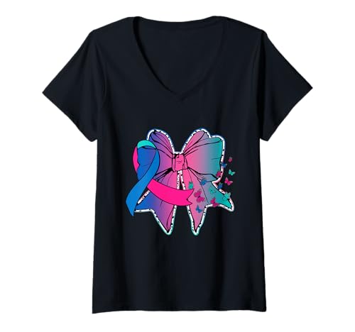 Damen Kokette Schleife Schmetterling und Band Schilddrüsenkrebs Bewusstsein T-Shirt mit V-Ausschnitt Damen Kokette Schleife Schmetterling und Band Schilddrüsenkrebs Bewusstsein T-Shirt mit V-Ausschnitt von Thyroid Cancer Awareness Gift