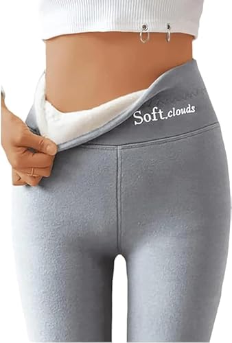 TiLLOw Weiche Wolken-Leggings für Damen, lässige warme Winterhose, Fleece-gefütterte Leggings für Damen in Übergröße (L, Hellgrau) von TiLLOw