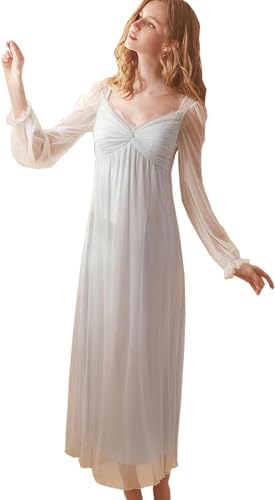 TiLezE Damen Viktorianisches Prinzessin Nachthemd - Durchsichtiges Vintage-Nachthemd Mit Langen Ärmeln Nachtwäsche Palast Maxi Nachthemd Schlafkleid Chiffon Loungewear Brautpyjama (Blau,L) von TiLezE