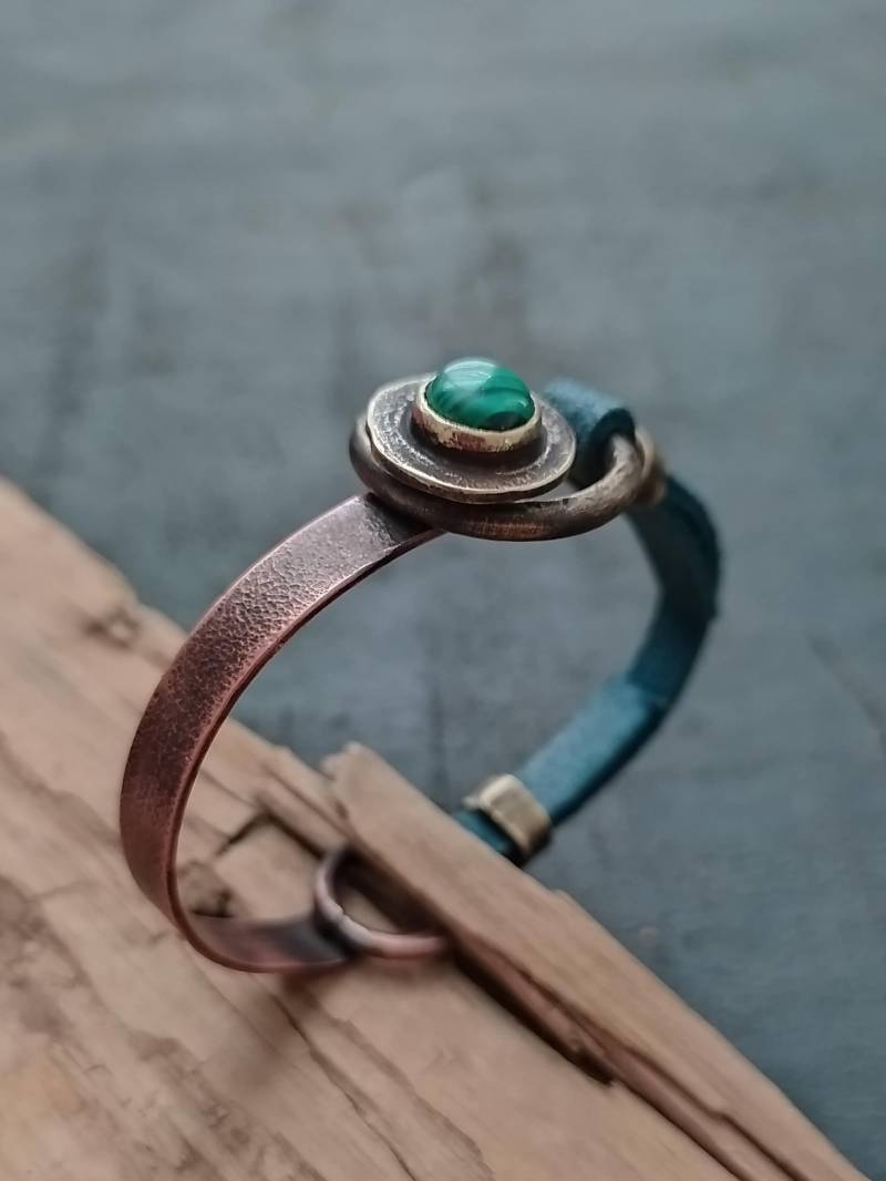 Edelstein Lederarmband Damen Leder Armband Malachit Stein Kupfer von TiViArt