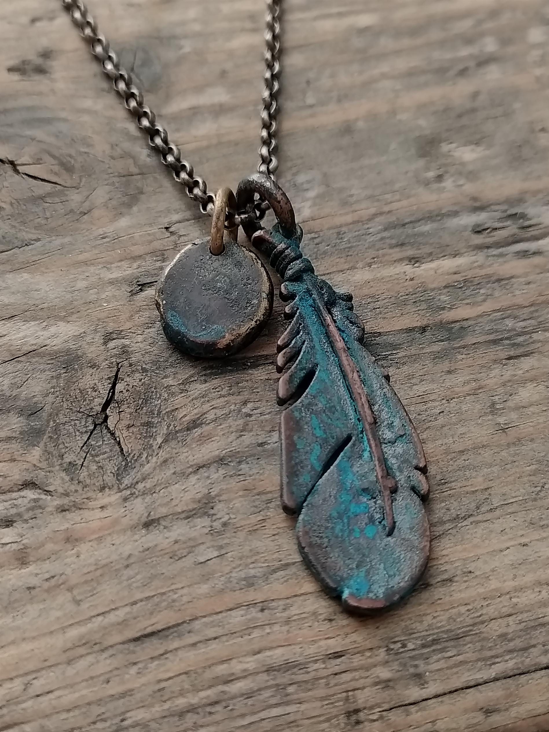 Herrenkette, Herrenanhänger, Herrenschmuck, Halskette Mit Kupferanhänger, Herrenschmuck-Anhänger, Messinganhänger, Blauer Patina von TiViArt