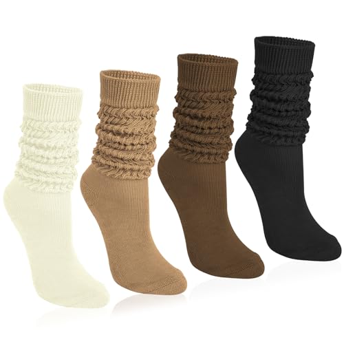 Tialfas 4 Paar Kniestrümpfe Stulpensocken Damen Baumwolle Weiche Strick Slouch Socken Strümpfe Damen-kniestrümpfe Extra lange Beinwärmer Beinstulpen Scrunch Knit Cotton Stiefelsocken für Herbst Winter von Tialfas