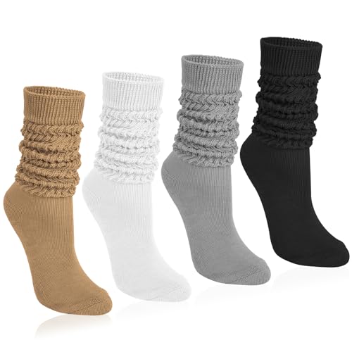 Tialfas 4 Paar Kniestrümpfe Stulpensocken Damen Baumwolle Weiche Strick Slouch Socken Strümpfe Damen-kniestrümpfe Extra lange Beinwärmer Beinstulpen Scrunch Knit Cotton Stiefelsocken für Herbst Winter von Tialfas