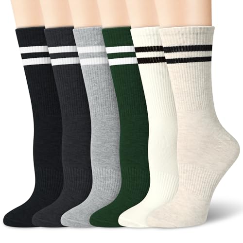 Tialfas 6 Paare Socken Damen 39-42 Sportsocken Baumwolle Damen-Socken Frauen Strümpfe Gym Damensocken Tennissocken Mit Motiv Streifen Sport Socks Women Bunt 35-38 von Tialfas