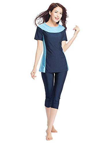 TianMaiGeLun Bescheidene Bademode für Damen Rashguard Kurzarm Bademode Bescheidenheit Badeanzug Surfanzug Burkini, Marineblau, 5X-Large von TianMaiGeLun