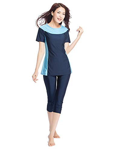 TianMaiGeLun Bescheidene Bademode für Damen Rashguard Kurzarm Bademode Bescheidenheit Badeanzug Surfanzug Burkini, Marineblau, 6X-Large von TianMaiGeLun