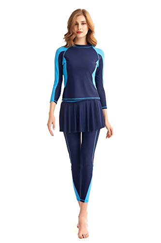 TianMaiGeLun Damen Ganzkörper Badeanzug Langarm Langbein Badebekleidung mit Schwimmrock Set Rash Guard (Blue, M) von TianMaiGeLun